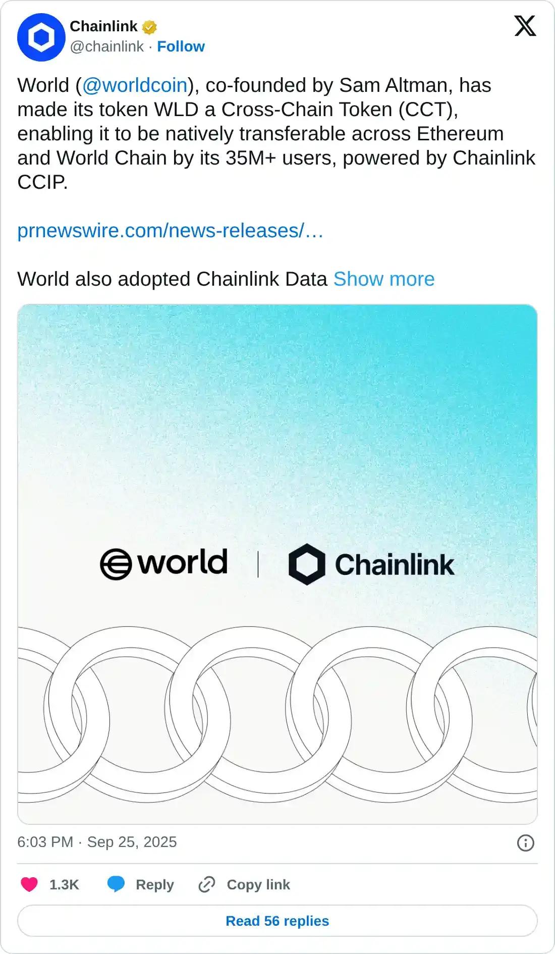 Worldcoin整合Chainlink CCIP，WLD展望看涨，LINK面临供应压力。