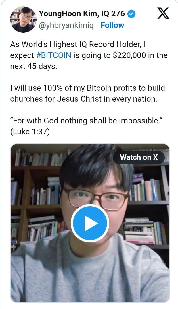 世界最高智商纪录保持者预测比特币价格将在45天内飙升至22万美元